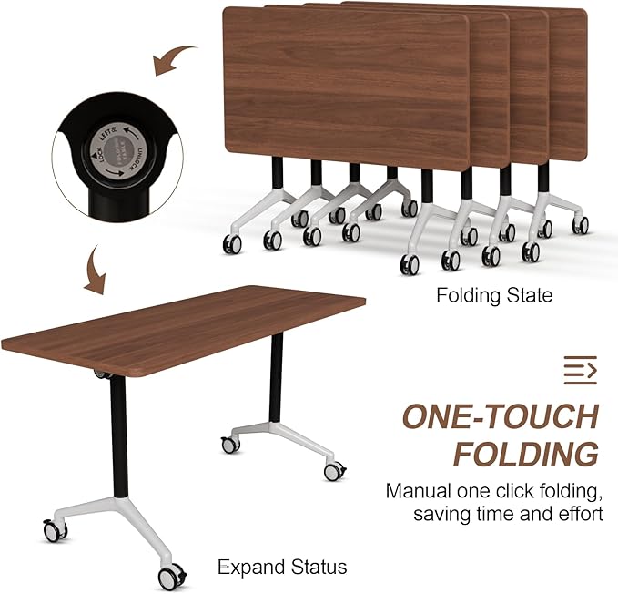 Folding Conference Table, Modern Large Conference Room Tables with Flip-Top Design, Foldable Conference Table Meeting Table with Wheels, Mobile Seminar Training Tables for Office Classroom (6, Brown)