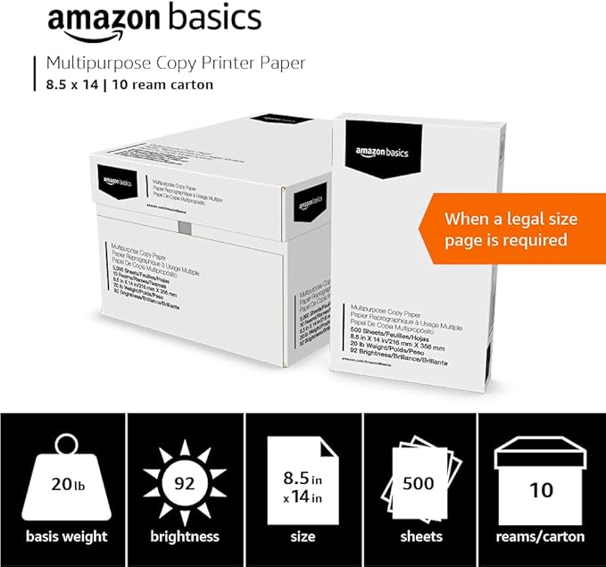 Amazon Basics Multipurpose Copy Printer Paper, 20 lb, 8.5 x 14 Inches, 10 Reams (5,000 Sheets), 92 Bright, White