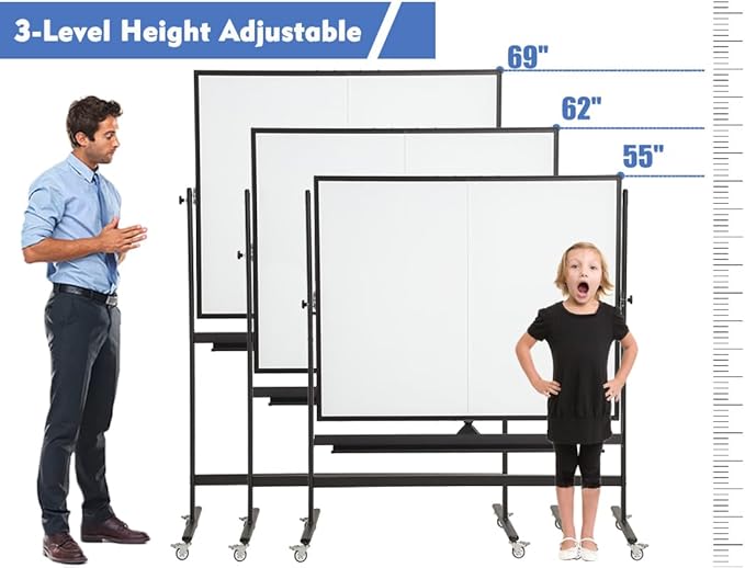 FORTUNO Magnetic Mobile Whiteboard 48"x36", Rolling Double Sided Dry Erase Board with Stand, Reversible Adjustable Height/Angle Easel White Board on Wheels 4' x 3' for Office Classroom Home, Black