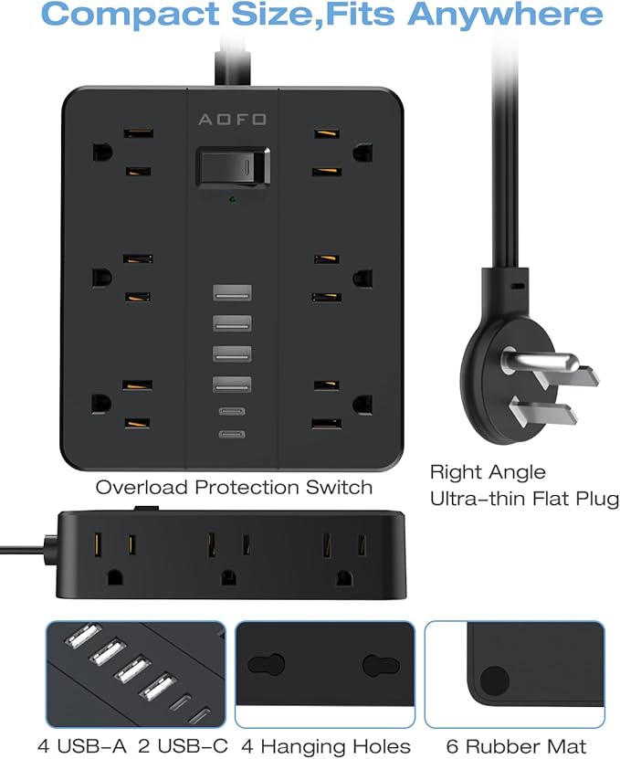25FT Surge Protector Power Strip,12 AC Outlets with 6 USB Ports (2 USB-C), Flat Plug Extension Cord with Multiple Outlets, Wall Mount for Home Office,Dorm, Black
