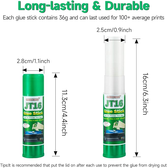 3D Printer Glue Sticks, 36 Grams Each PVP Solid Glue Sticks for Hot Bed Plate, Washable, Non-Toxic, Reduce Warping for PLA, ABS, PETG, HIPS, TPU Filament on PEI, Glass, Aluminum, Buildtak Board, 3Pcs