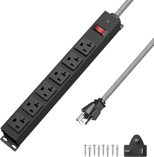 HEZI 20 Amp Power Strip with 5-20P/T- Plug, Heavy Duty High Amp Metal Surge Protector, Mountable Industrial Power Strip with 6AC Outlets(5-20R) and Circuit Breaker, 6FT 12AWG Extension Cord