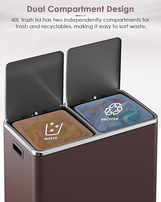 AthLike 60L(16 Gal) Dual Trash Can, Stainless Steel Kitchen Garbage Can, Double Compartment Classified Rubbish Bin, Recycle Dustbin w/Plastic Inner Buckets, Handle, Soft-Close Lid, Airtight, Brown