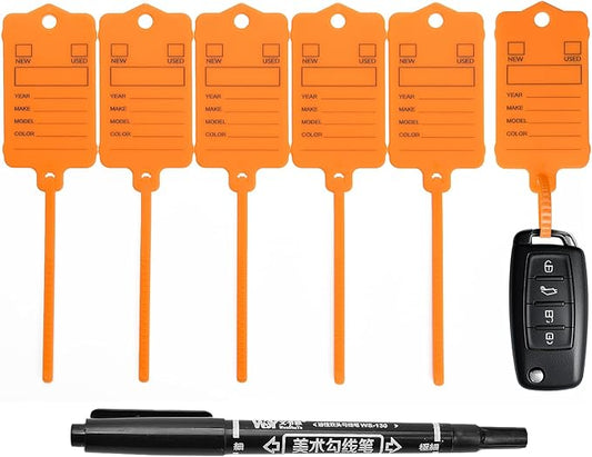 50 Car Key Tags with Labels Plastic Car Dealership Key Tags Self Locking Automotive Identifiers Blank Shop Labels with One Pen (Orange)