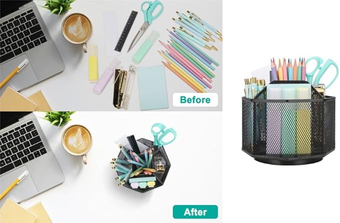 Exerz Desk Organiser/Mesh Desk Tidy Candy/Pen Holder/Multifunctional Organiser 360 Rotating