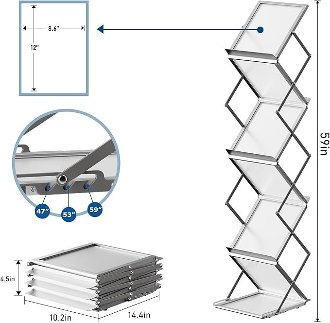 6 Pockets Foldable Aluminum Magazine Rack - Brochure Display Stand, Brochure Catalog Literature Display Stand with Carrying Bag for Exhibition, Trade Show, Office, Retail Store