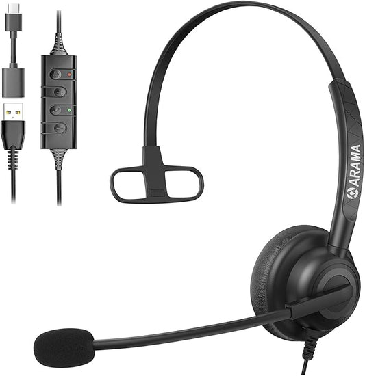 Arama USB Headset with Microphone for PC One Ear, Headset with Mic, Noise Cancelling Volume Control, 63.6 Inches, Wired, for Home Office Call Center Online Class Skype Zoom (with a Type C Adapter)