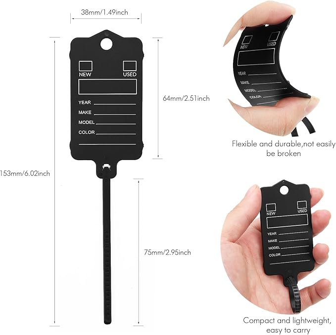 200 Car Key Tags with Labels Plastic Car Dealership Key Tags Self Locking Automotive Identifiers Blank Shop Labels with One Pen (Black)