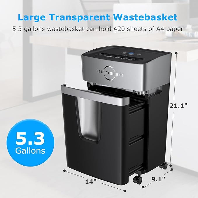 BONSEN 12-Sheet Micro Cut Paper Shredder for Home Office Use, High Security Level P-4/55 dB Ultra-Quiet / 40-Minutes Shredding Shreds Credit Card/Staples, 5.3 Gallons Pullout Bin (S3106)