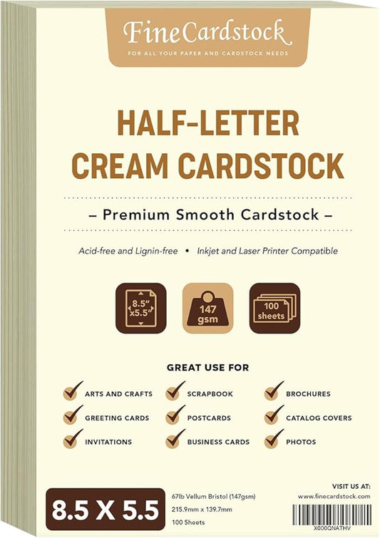 Half Letter Sheets, 8.5 x 5.5" Cream Cardstock for Arts and Crafts, Brochures, Invitations, Stationary Printing, 67lb Vellum Bristol Card Stock – Inkjet or Laser, Thick and Sturdy – 100 per Pack