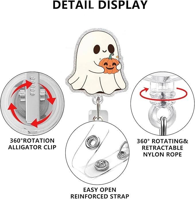 Cute Ghost Badge Reel Acrylic Retractable Halloween Badge Clip with 360° Rotating ID Card Holder Ghost Holding Pumpkin Badge Reel Designs Halloween Spooky ID Badge Holder for Nurses, Doctors