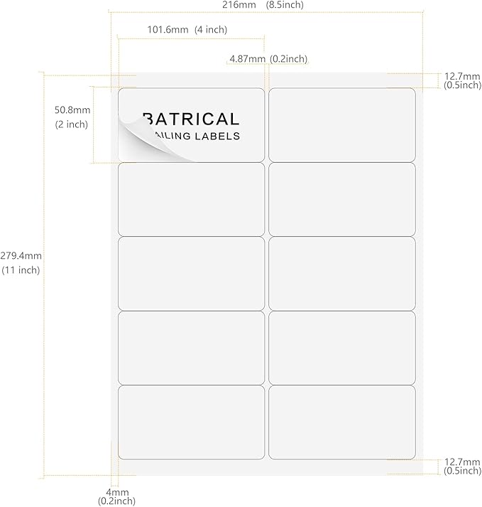 Batrical 2" x 4" Shipping Labels, 1000 Labels, Matte Finish, White, 10 per Sheet, 8.5" x 11" Sheet Size