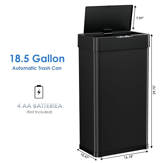 AthLike Sensor Trash Can, Touchless Motion Sensor Trash Bin, Smart Automatic Garbage Can with Soft-Close Lid, Bag Retainer Ring and Display Light,for Kitchen,Living Room Office (Black, 18.5 Gal)