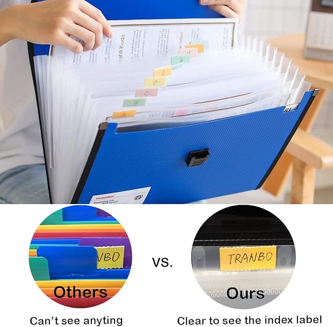 12 Pockets Letter Size/A4 Accordion File Organizer with Handle, TRANBO Expanding File Folder, Portable Paper Organizer, Expandable Plastic Document Organizer for Travel School Office - Blue