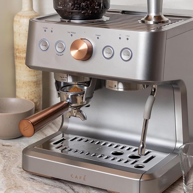 Café Bellissimo Semi Automatic Espresso Machine + Milk Frother | WiFi Connected, Smart Kitchen Essentials | Built-In Bean Grinder, 15-Bar Pump & 95-Ounce Water Reservoir | Steel Silver