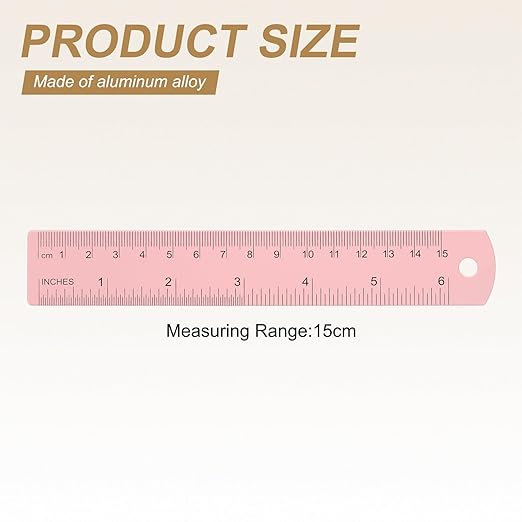HARFINGTON 4pcs Metal Straight Ruler 15cm Metric SAE Aluminum Alloy Measuring Rulers Scale Tool with Hole for Measure Study Reading Classroom Office, Pink