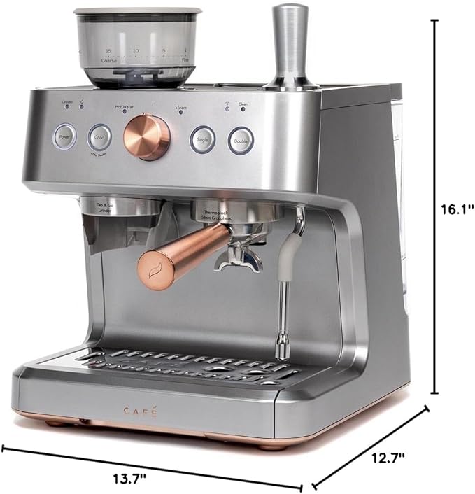 Café Bellissimo Semi Automatic Espresso Machine + Milk Frother | WiFi Connected, Smart Kitchen Essentials | Built-In Bean Grinder, 15-Bar Pump & 95-Ounce Water Reservoir | Steel Silver