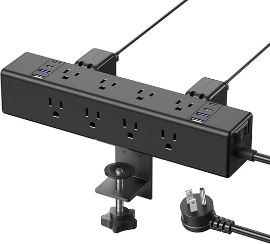 CCCEI Desk Outlet Station 45W USB C Port. 12 Outlet Desktop Clamp Power Strip Surge Protector 4800J with Switch. Nightstand Office Standing Desk Accessories Fit Thicker Table Edge or Screw Mount, 10FT