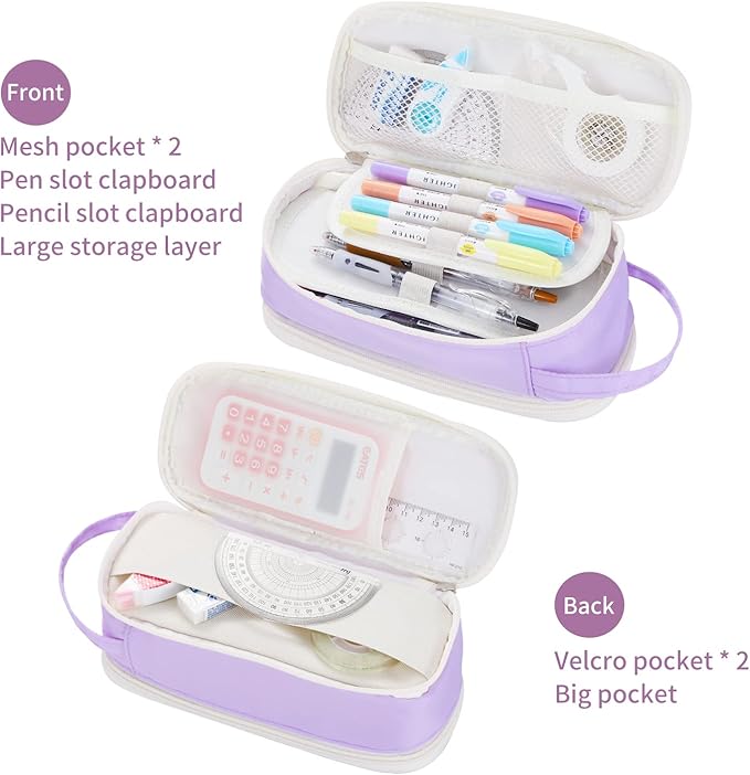Dugio Big Pencil Case for Girls Teens Kids Zipper Pencil Pouch with Handle Organizer Pencil Bag Aesthetic Pencil Pen Case for School Purple