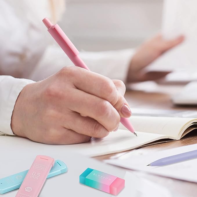 Four Candies Cute Mechanical Pencil Set, 6PCS Pastel Mechanical Pencils 0.5 & 0.7mm with 360PCS HB Leads, 3PCS Erasers and 9PCS Eraser Refills, Aesthetic School Supplies for Girls Writing