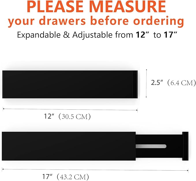 4 Pack Bamboo Drawer Dividers, Adjustable Length from 12 Inch to 17 Inch, Expandable Kitchen Drawer Organizer, Drawer Organization Separators for Clothes, Kitchen, Bedroom, Dresser, Office (Black)