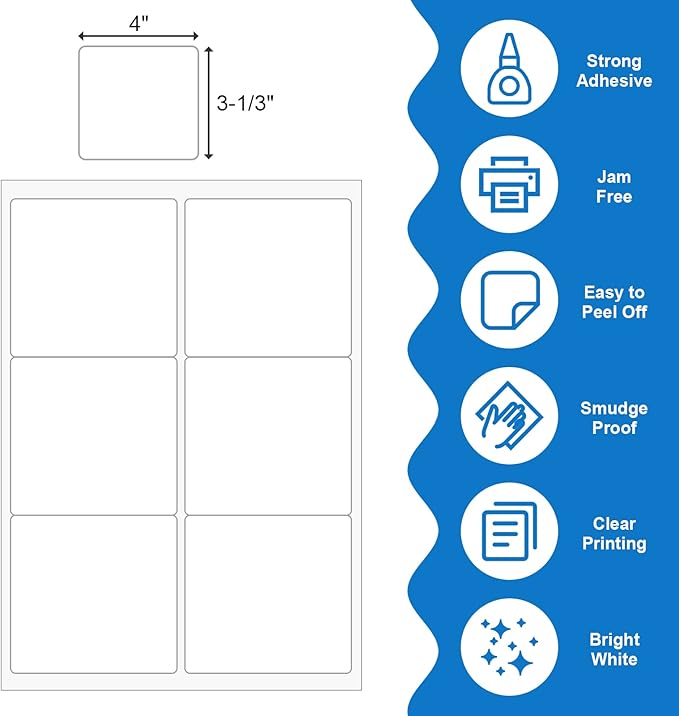 BESTEASY 3 1/3" x 4" Labels Shipping Labels for Laser Inkjet Printers, 6 Up Self Adhesive FBA Address Labels, White Matte Mailing Label Stickers (1000 Sheets, 6000 Labels)