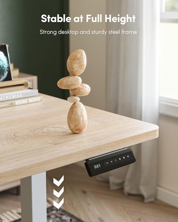 FEZIBO One-Piece Standing Desk Adjustable Height Stand up Home Office Desk, 32x24 Inch Electric Standing Computer Desk, with 4 Memory Presets, Fixable casters, Maple