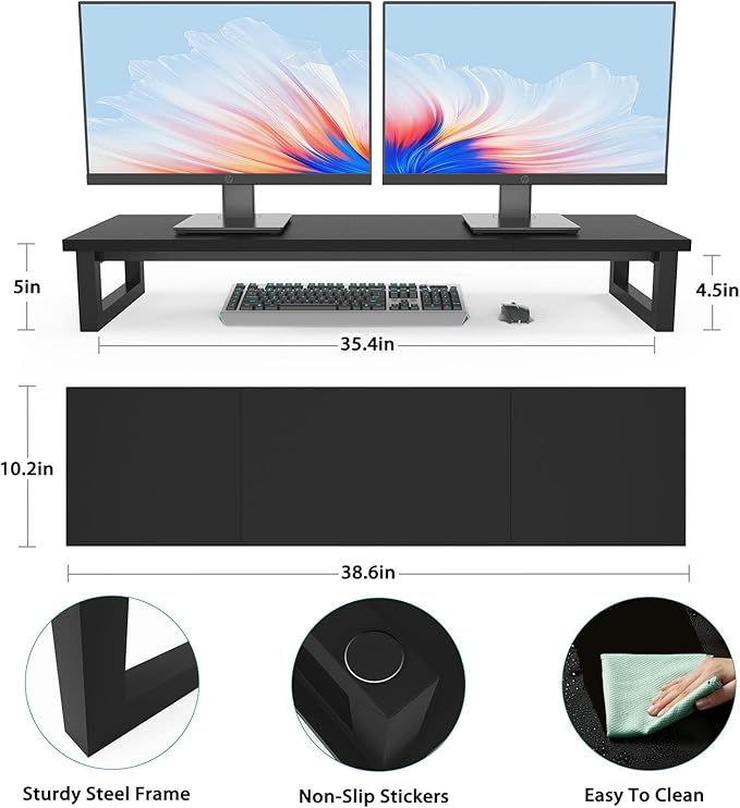 Dual Monitor Stand Riser, 39Inch Large Monitor Stands for 2 Monitors, Computer Monitor Stand, Wooden Desktop Oraganizer Shelf for Office Desk Computer,Laptop,TV
