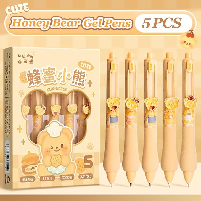 Cute Gel Pens 5Pcs Retractable Quick Dry Ink Pens 0.5mm Fine Point Black Ink Kawaii Smooth Writing Pens for School Office Supplies Aesthetic pretty pens (Honey Bear)