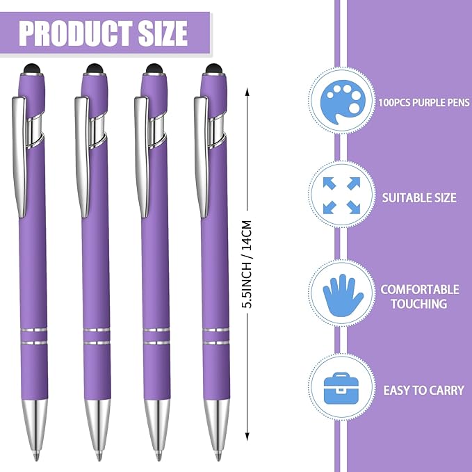 8 Pcs Blue Ink Ballpoint Pen with Stylus Tip 2 in 1 Stylus Ballpoint Pen Metal Pens Stylus Pen for Touch Screens School Office Coworkers (Purple)
