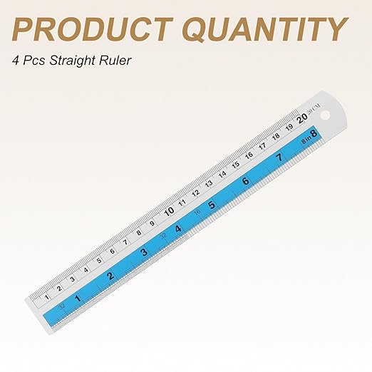 HARFINGTON 4pcs Metal Straight Ruler 20cm Metric SAE Aluminum Alloy Measuring Rulers Scale Tools with Hole for Measure Study Reading Classroom Office, Blue