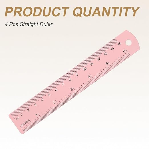 HARFINGTON 4pcs Metal Straight Ruler 15cm Metric SAE Aluminum Alloy Measuring Rulers Scale Tool with Hole for Measure Study Reading Classroom Office, Pink