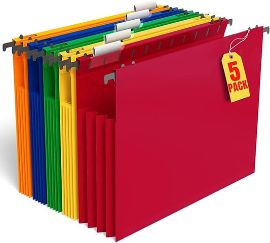 1InTheOffice Hanging File Folder, Hanging File Pocket, Expandable Hanging File Folder, Letter Size, Assorted Color, 5 Pack