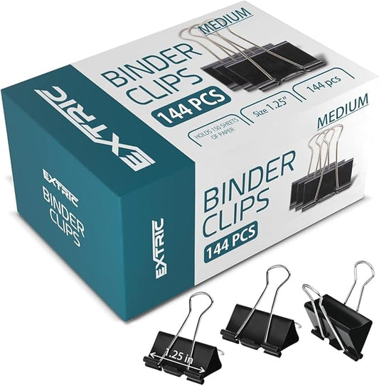 Binder Clips - 144 Medium Binder Clips, 1.25 Inch Black Paper Clamps, File Clip for Home, Office and School Supplies