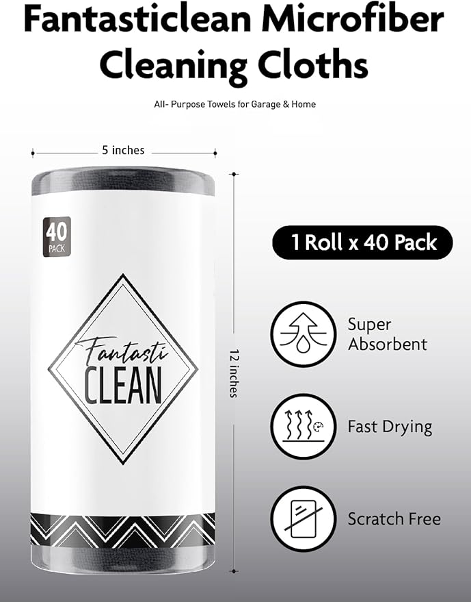 Fantasticlean Microfiber Cleaning Cloth Roll -40 Pack, Tear Away Microfiber Towels, 12" x 12", Reusable, Washable, Scratch Free, Ultra Absorbent Dish Rags for Car, Home, Garage or Shop (DimGrey)