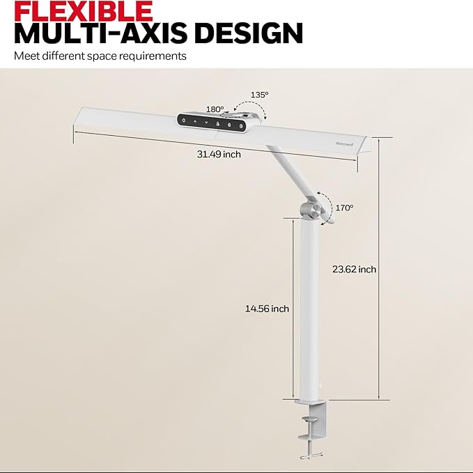 Honeywell LED Desk Lamp with Clamp - HJ1 Sunturalux Eye-Caring Clip on Lights for Home Office, 1200LM Clamp Lamp 4 Color Modes Stepless Dimming Task Desk Light for Working White