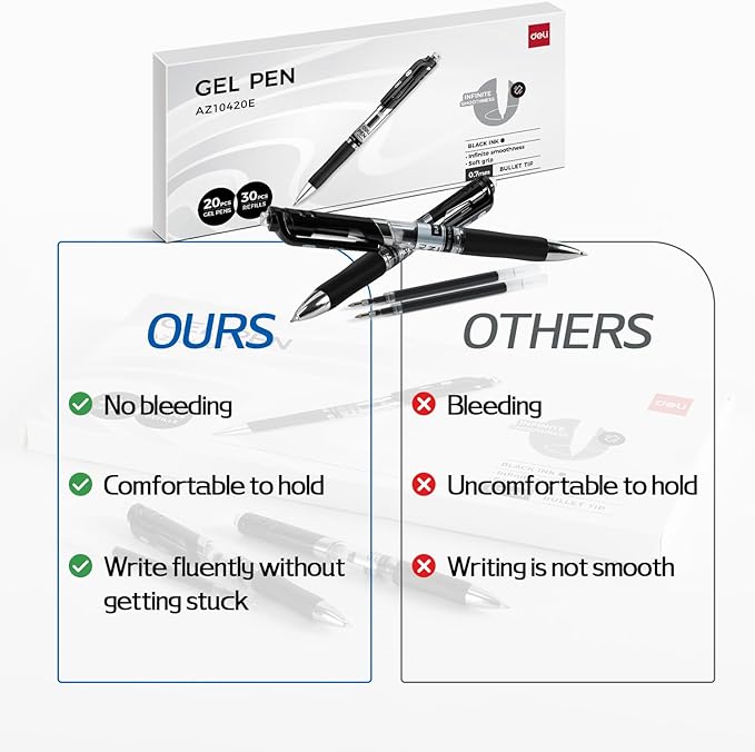 deli Gel Pens, 50 Pcs Retractable Pens Black Ink, 20 Pens with 30 Refills，Medium Point Pen Bulk 0.7mm, Smooth Writing, Fast Dry, No Bleed for Journaling Note Taking, Home School Office Supplies