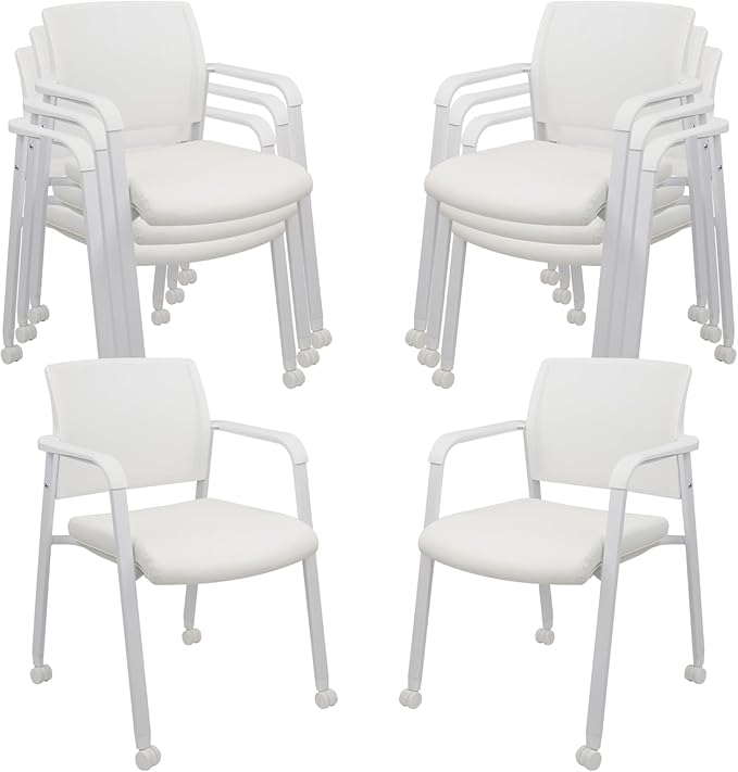 CLATINA Stacking Office Chairs with Wheels | Mesh Back, Thicken Leather Seat and Streamline Armrests, Ergonomic Lumber Support | School, Desk, Guest Reception, Waiting, Conference | Set of 8, White