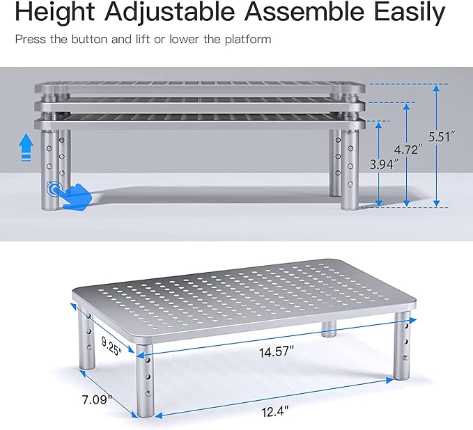 HUANUO Monitor Riser - 3 Height Adjustable Stand for Laptop, Computer, iMac, PC, Printer, Desktop Ergonomic Metal Monitor Riser with Mesh Platform