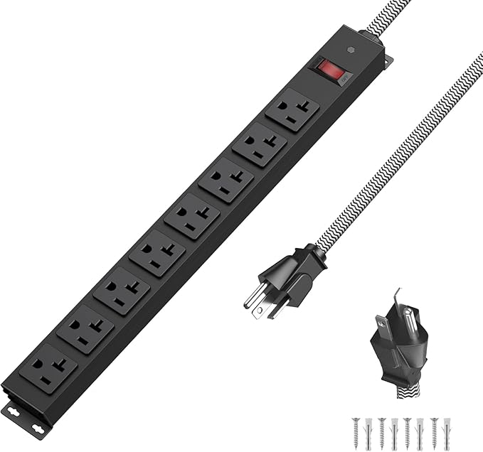 HEZI 20 Amp Power Strip Surge Protector 1200J, Metal 8 Outlets Heavy Duty 20amp, 10Ft 12 Gauge Extension Cord for Appliance Workbench Garage Industrial, Combine with T-Plug Adapter,5-20R T-Slot