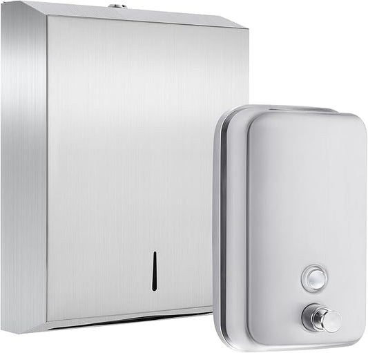 2 Pcs Commercial Soap Dispenser and Paper Towel Dispenser Set with Lock-Stainless Steel,Wall Mount,Large Capacity Manual Liquid Pump Rust Proof Leak Free for Commercial Home Bathroom