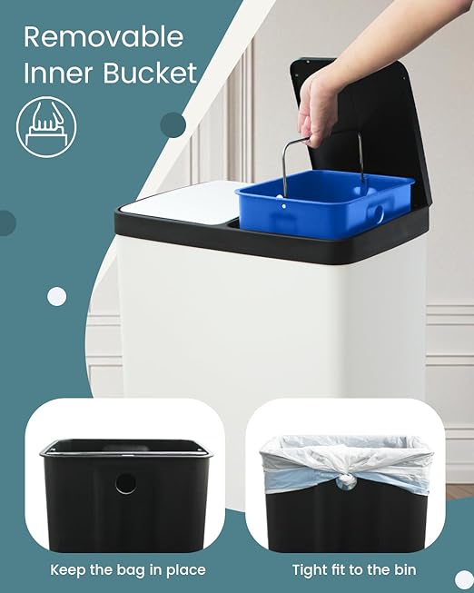 60L Dual Compartment Stainless Steel Trash Can, 16 Gallon White Kitchen Garbage Bin with Silent Sealed Lids, Pedal & Recyclable Waste Bins for Home/Office
