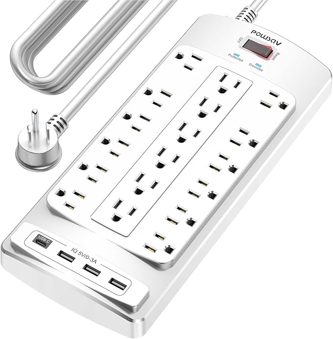 18 Outlets Surge Protector Power Strip - 20 Feet Flat Plug Heavy Duty Extension Cord with 18 Widely Outlets and 4 USB Ports, 2100 Joules, White, ETL Listed