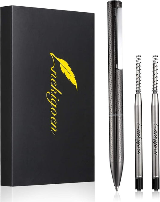 Ballpoint Pen with Gift Box for Men Women,Luxury Stainless Steel Retractable Pen Executive Home Office Use, and 2 Extra Refills Black Ink 1.0mm B2 (Dark Gray)