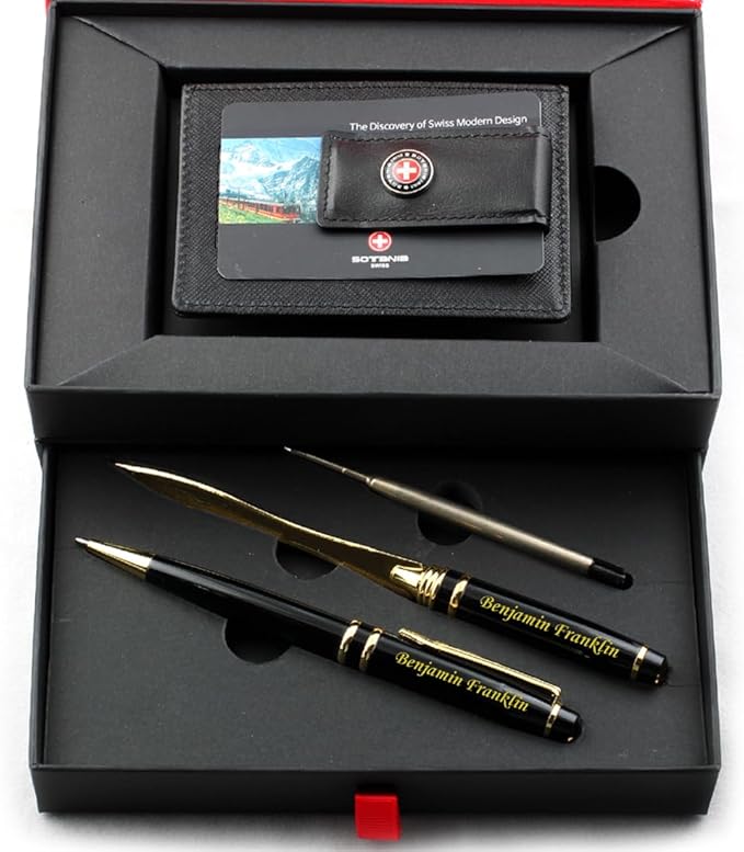 Free engraving - 24K Gold, Mens Leather Money Clips, Roller Ballpen, Ballpoint pen, Ball pen, Groomsmen Gift,Three Lines Each 20 Characters, Free Customization (Silver_Gift_Set)