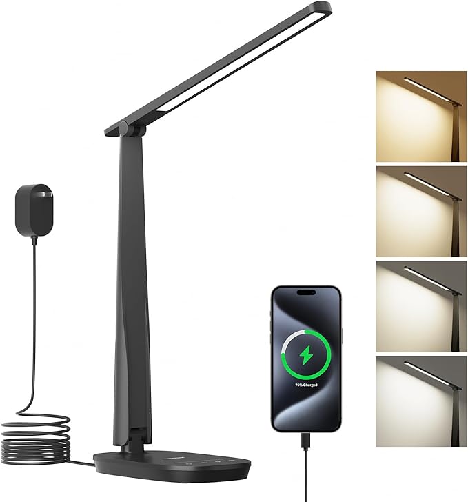 HONEYWELL Desk Lamp for Home Office, Dimmable LED Desk Light with USB A+C Dual Charging, 4 Modes Brightness Touch Lamp with Timer, Eye Caring Foldable Reading Light, Table Lamp for Study Nightstand