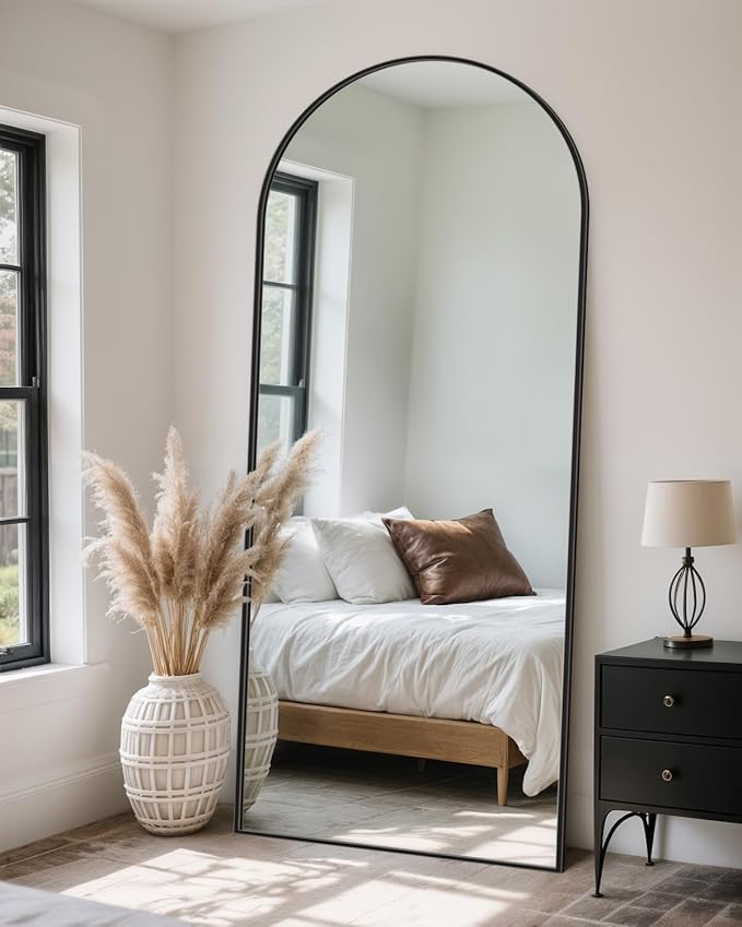 Full-Length Floor Mirror with Stand, 71"x26" Arched Style Full Body Standing Mirror for Bedroom, Living Room, Gym, Dorm - Shatter-Resistant & Easy Assembly, Black