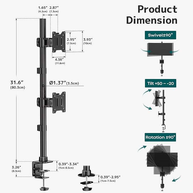 Dual Vertically Stacked Ultrawide Monitor Desk Mount 17-49 Inch - Extra Tall Heavy Duty Adjustable Monitor Arm for 2 monitores,Weight 2-20 kg per Arm,VESA 75/100 mm