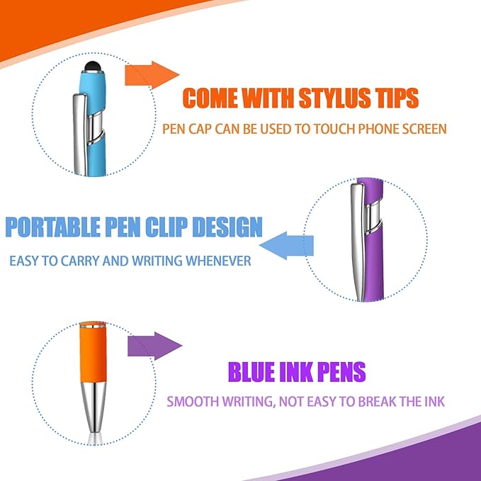 12 Pcs Blue Ink Ballpoint Pen with Stylus Tip, 1.0 mm Metal Pen Stylus Pen for Touch Screens, 2 in 1 Thank You Pen Gift for Friends, Colleagues, Coworker, Office, Family(Rainbow)