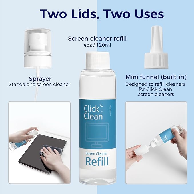 Click Clean Screen Cleaner Kits - 2 All-in-One Mist Cleaner with 4 oz Refill, 1 Microfiber Cloth(7.8 x 7.8in), 1 Mini Funnel, and 1 Sprayer - for All Phones, Laptop and Tablet Screens